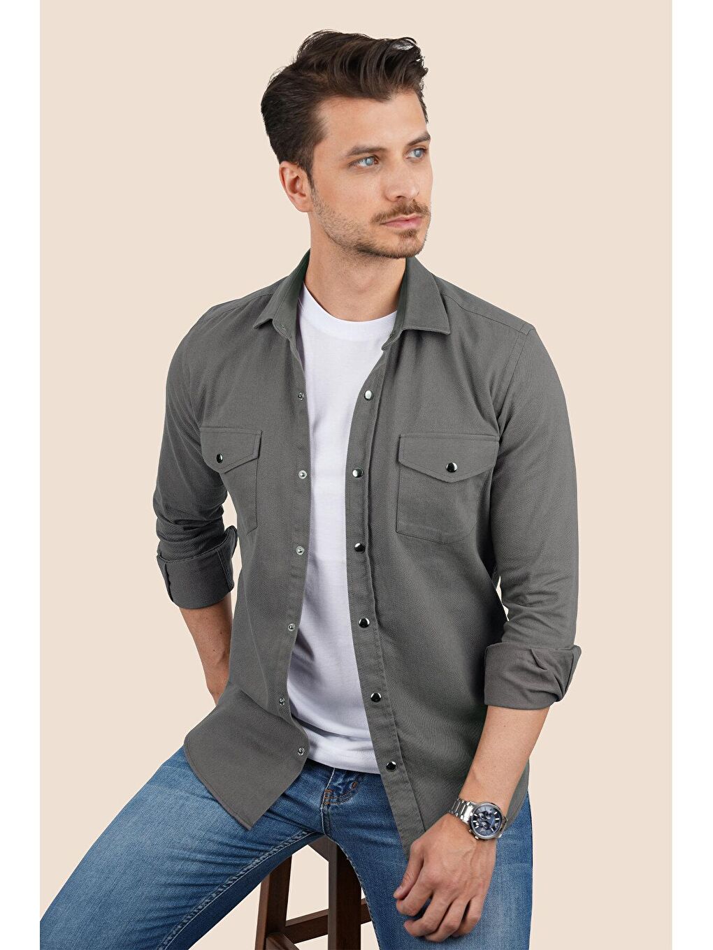 Gri Füme Slimfit Gerçek Jean Gömlek-4