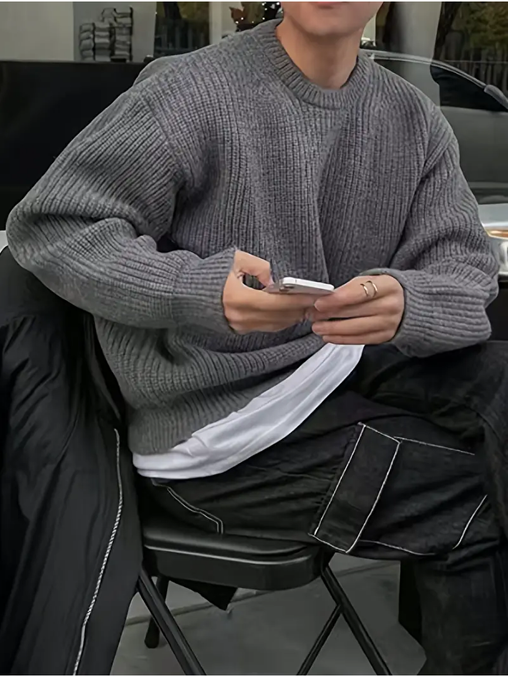 Gri Erkek Füme Regular Fit Bisiklet Yaka Örgülü Triko-3