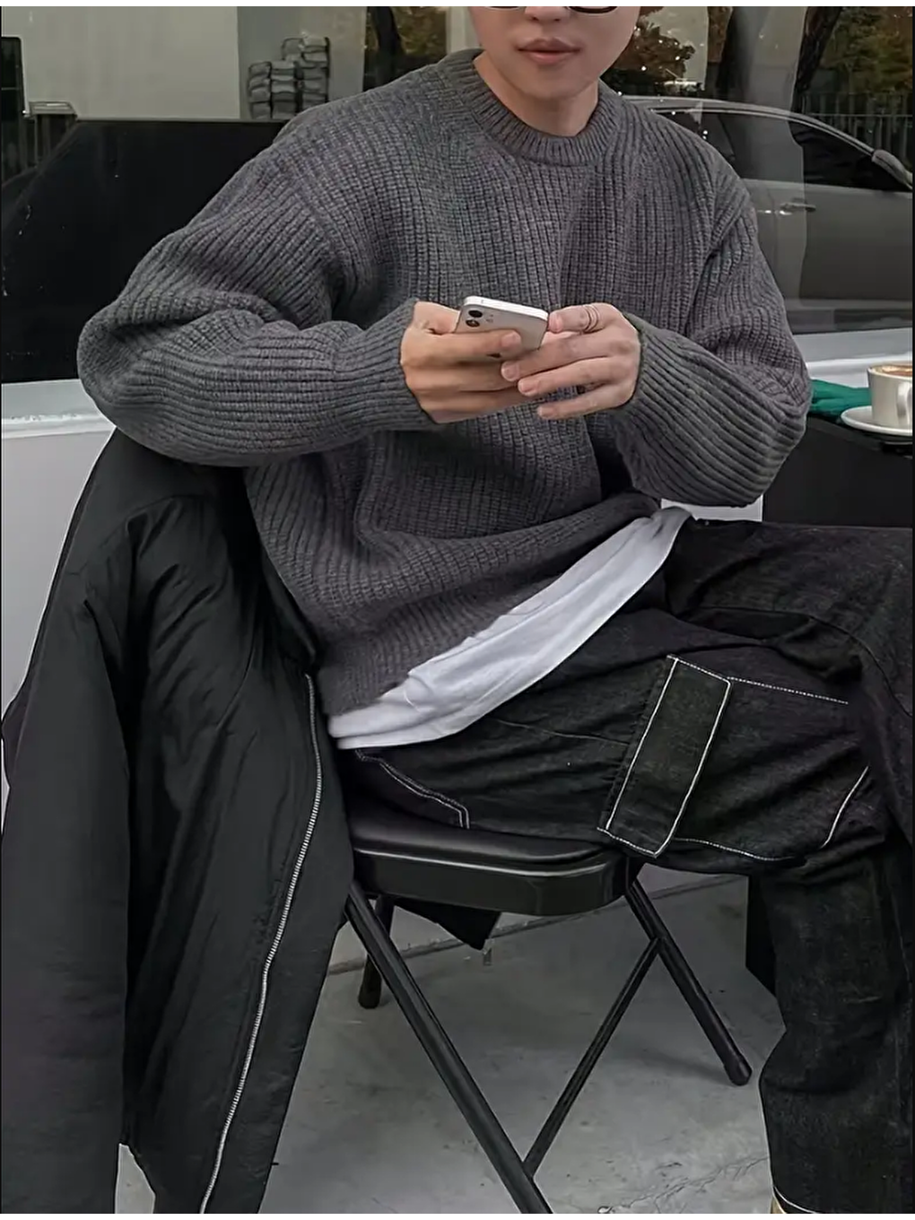 Gri Erkek Füme Regular Fit Bisiklet Yaka Örgülü Triko-4