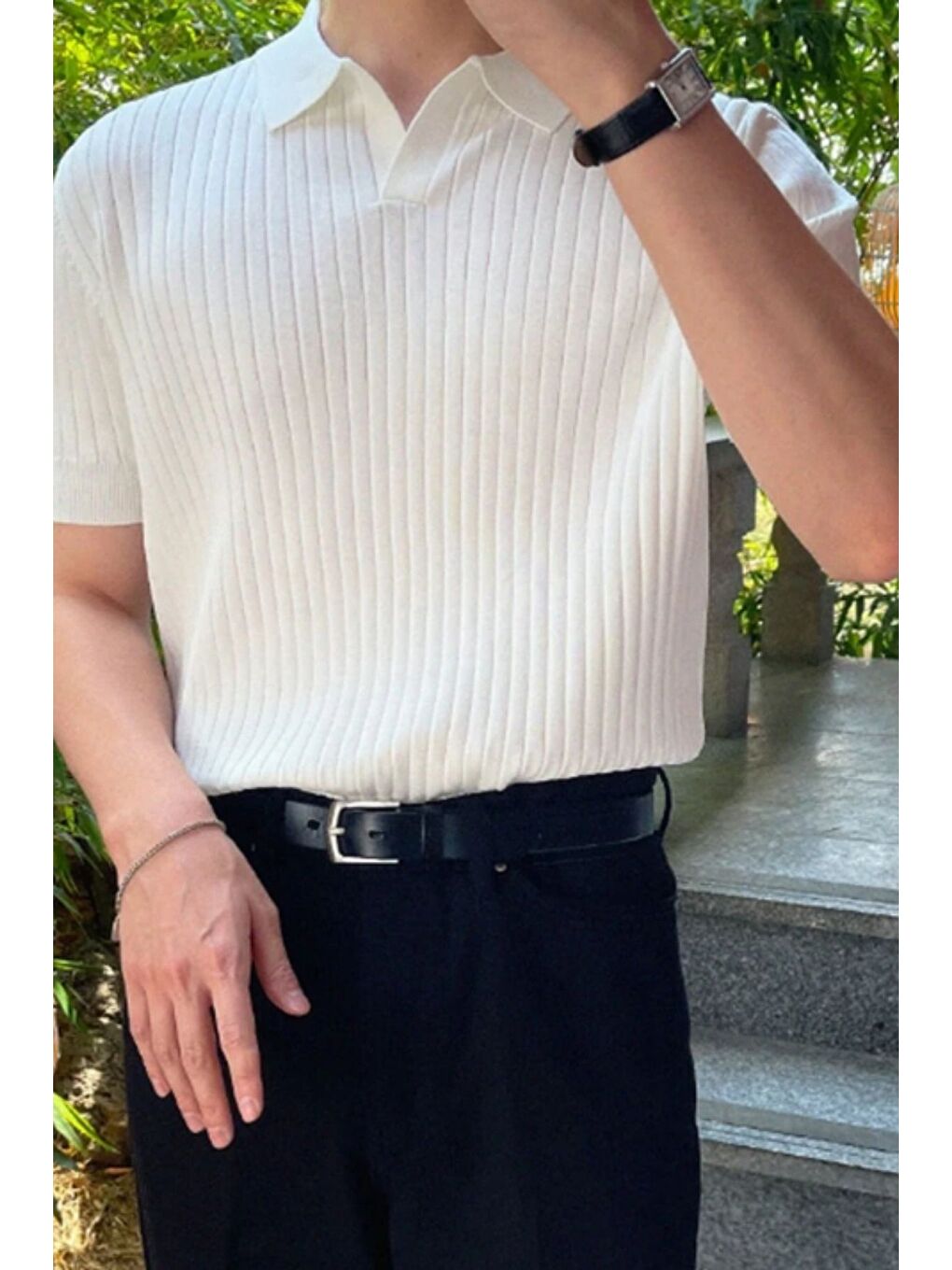 Beyaz Erkek Fitilli Polo Yaka Triko Tişört