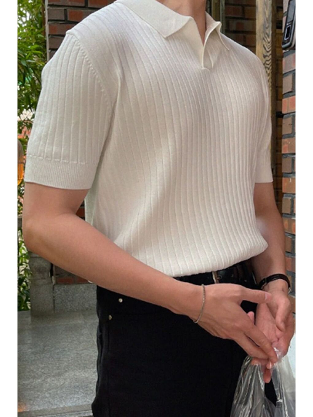 Beyaz Erkek Fitilli Polo Yaka Triko Tişört-2