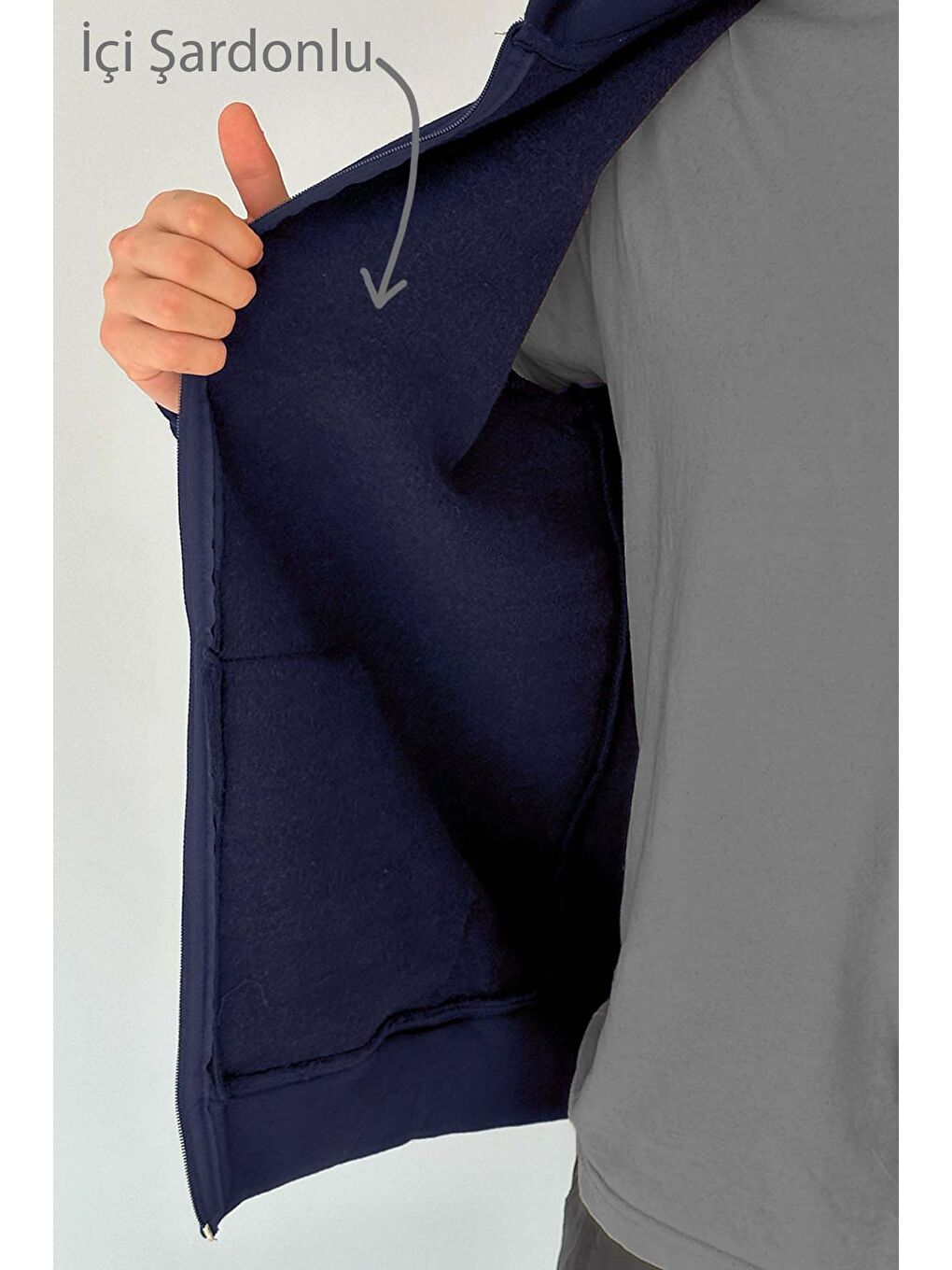 Lacivert Premium Kumaş Üç İplik Şardonlu Kapüşonlu Erkek Fermuarlı Sweatshirt Hırka-2