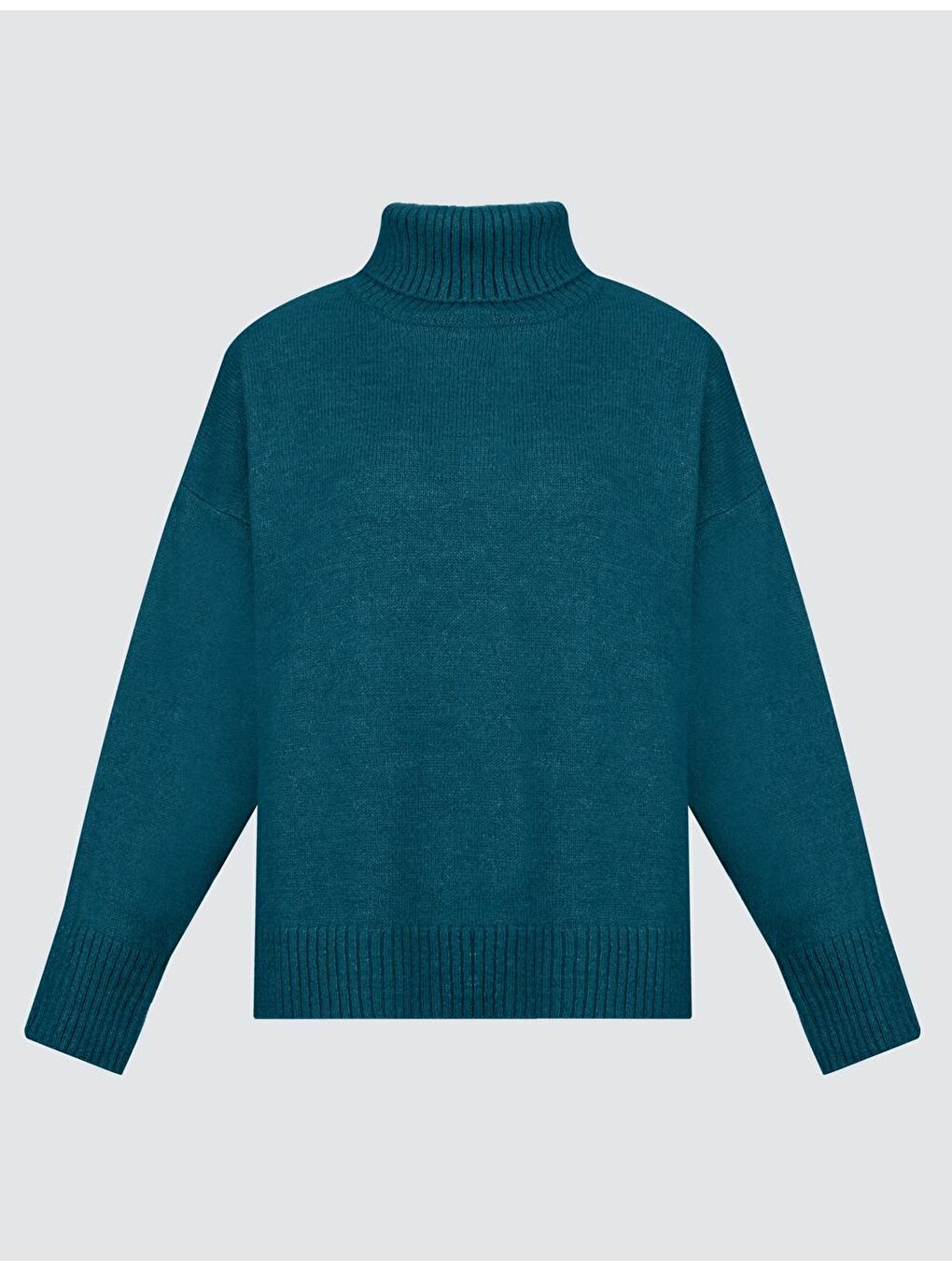 Turkuaz Balıkçı Yaka Düz Kesim Uzun Kollu Triko Kazak-6