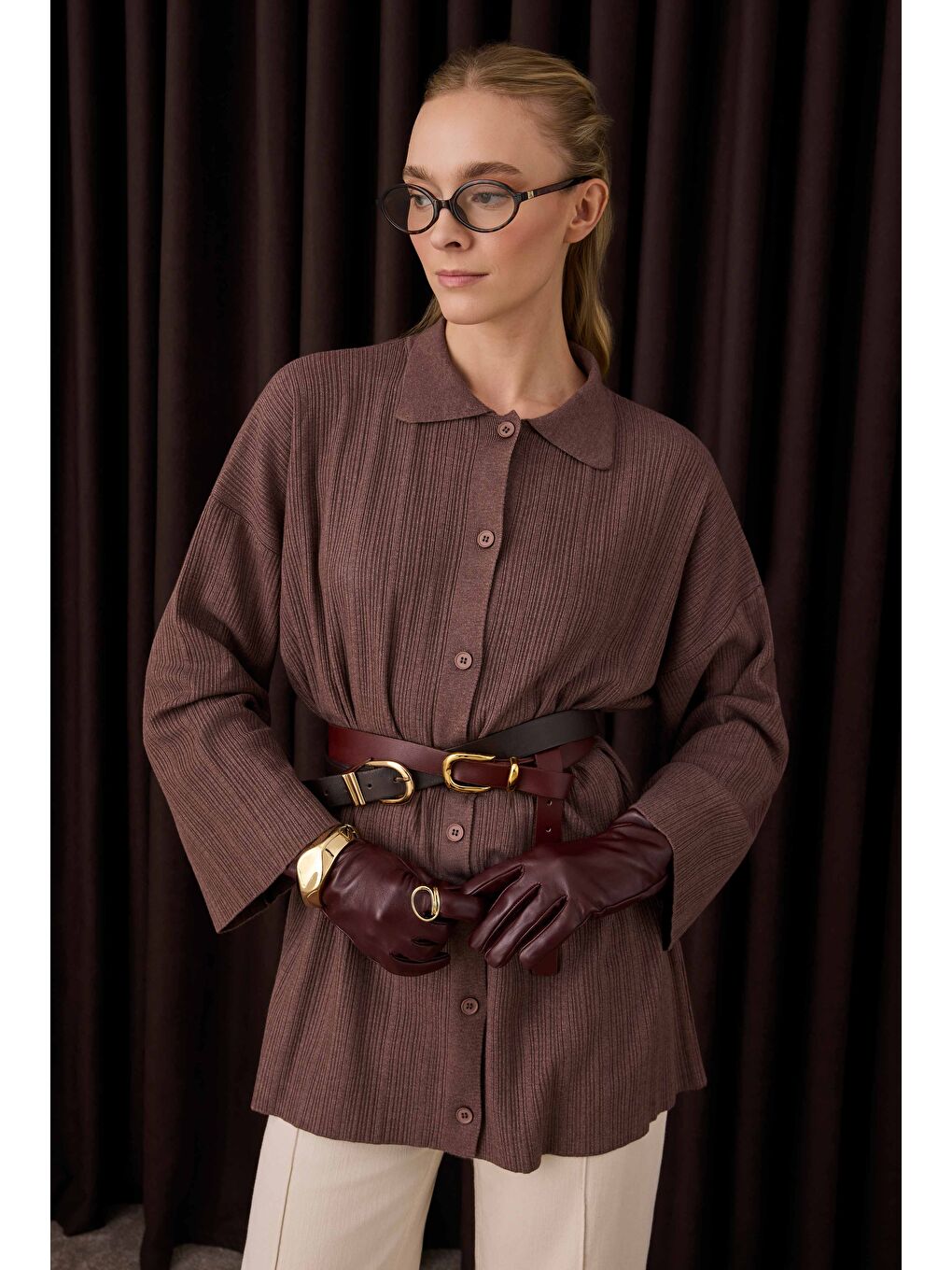 Kahverengi Fitilli Triko Hırka Kahve