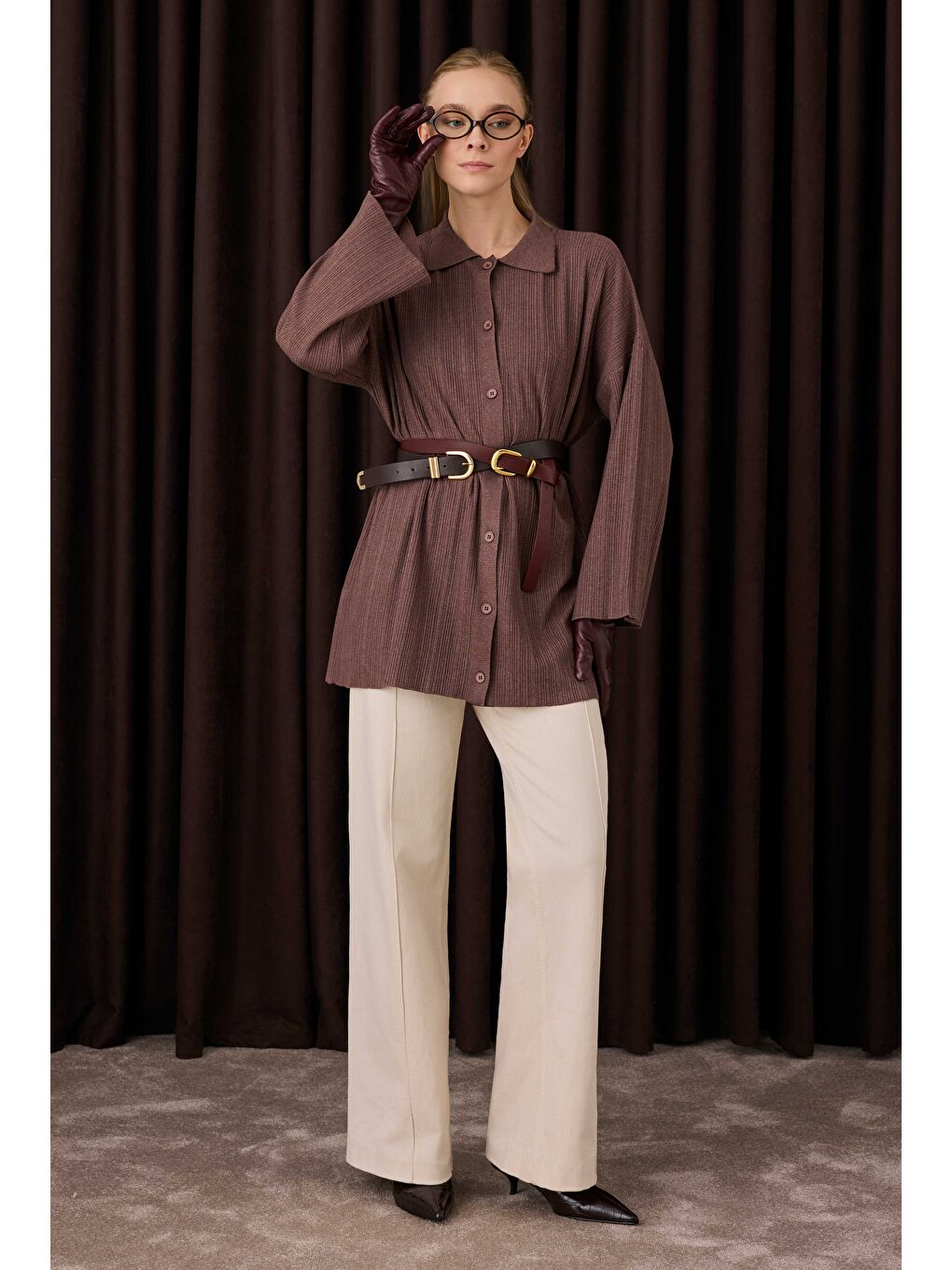 Kahverengi Fitilli Triko Hırka Kahve-1