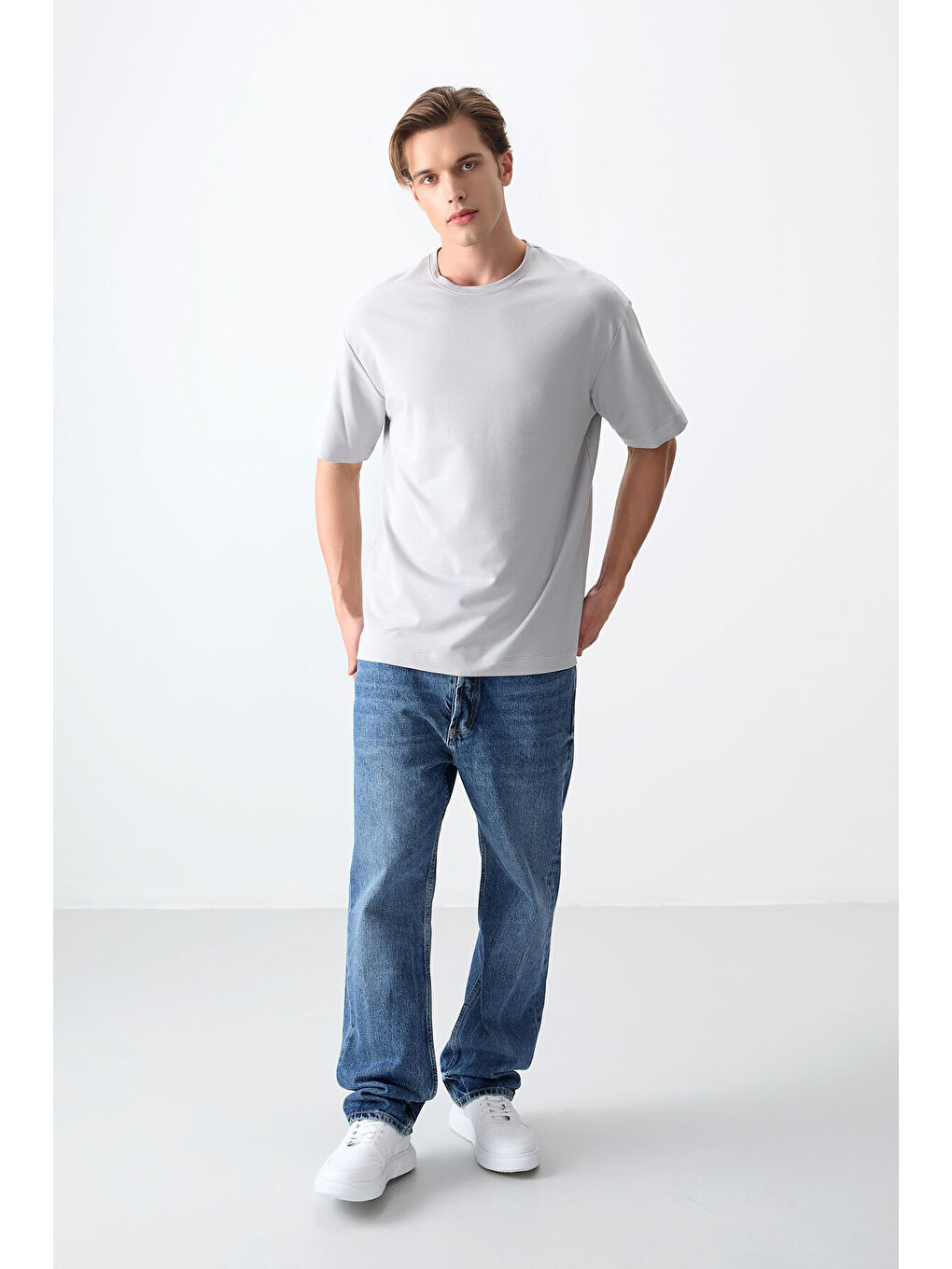 Bej Taş Pamuklu Kalın Yumuşak Dokulu Oversize Fit Basic Erkek Tişört- 88377-1