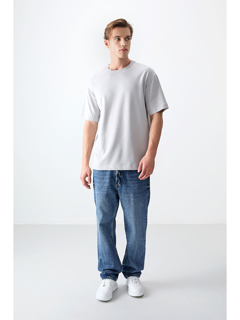 Bej Taş Pamuklu Kalın Yumuşak Dokulu Oversize Fit Basic Erkek Tişört- 88377-3