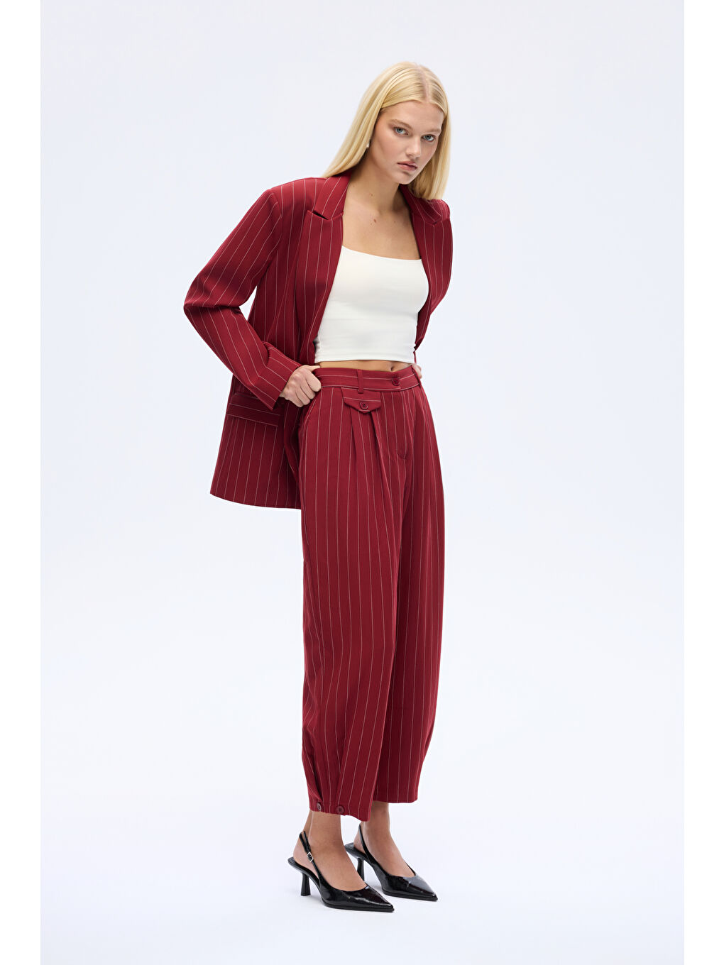 Çizgi Detaylı Pileli Pantolon Bordo-2