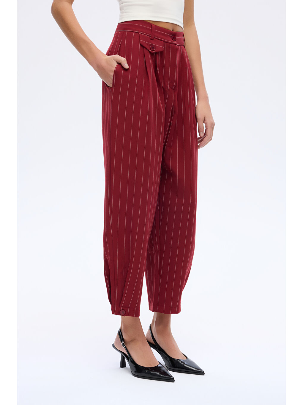Çizgi Detaylı Pileli Pantolon Bordo-3
