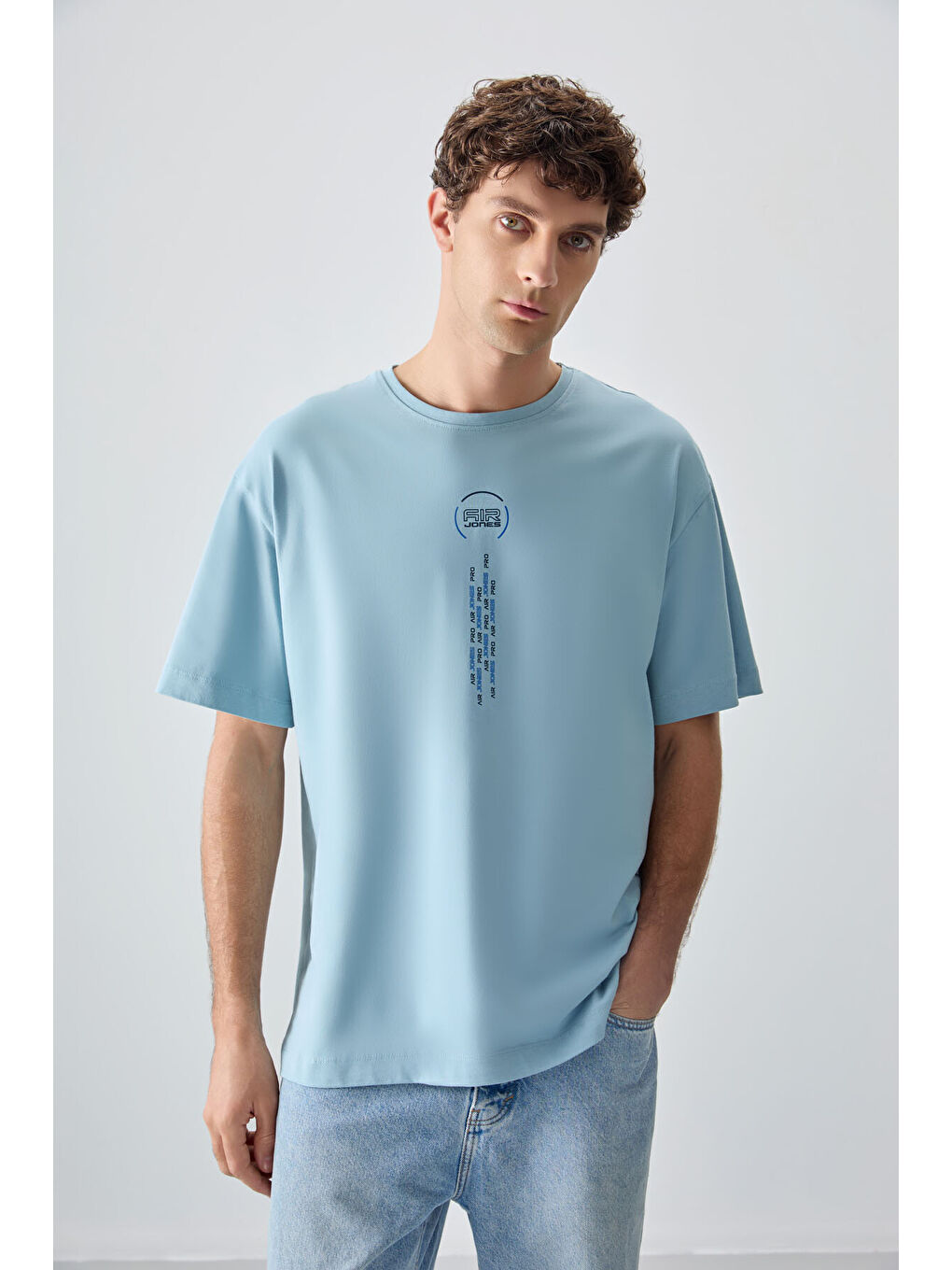 Açık Mavi %100 Pamuk Kalın Yumuşak Dokulu Oversize Fit Baskılı Erkek Tişört - 88355