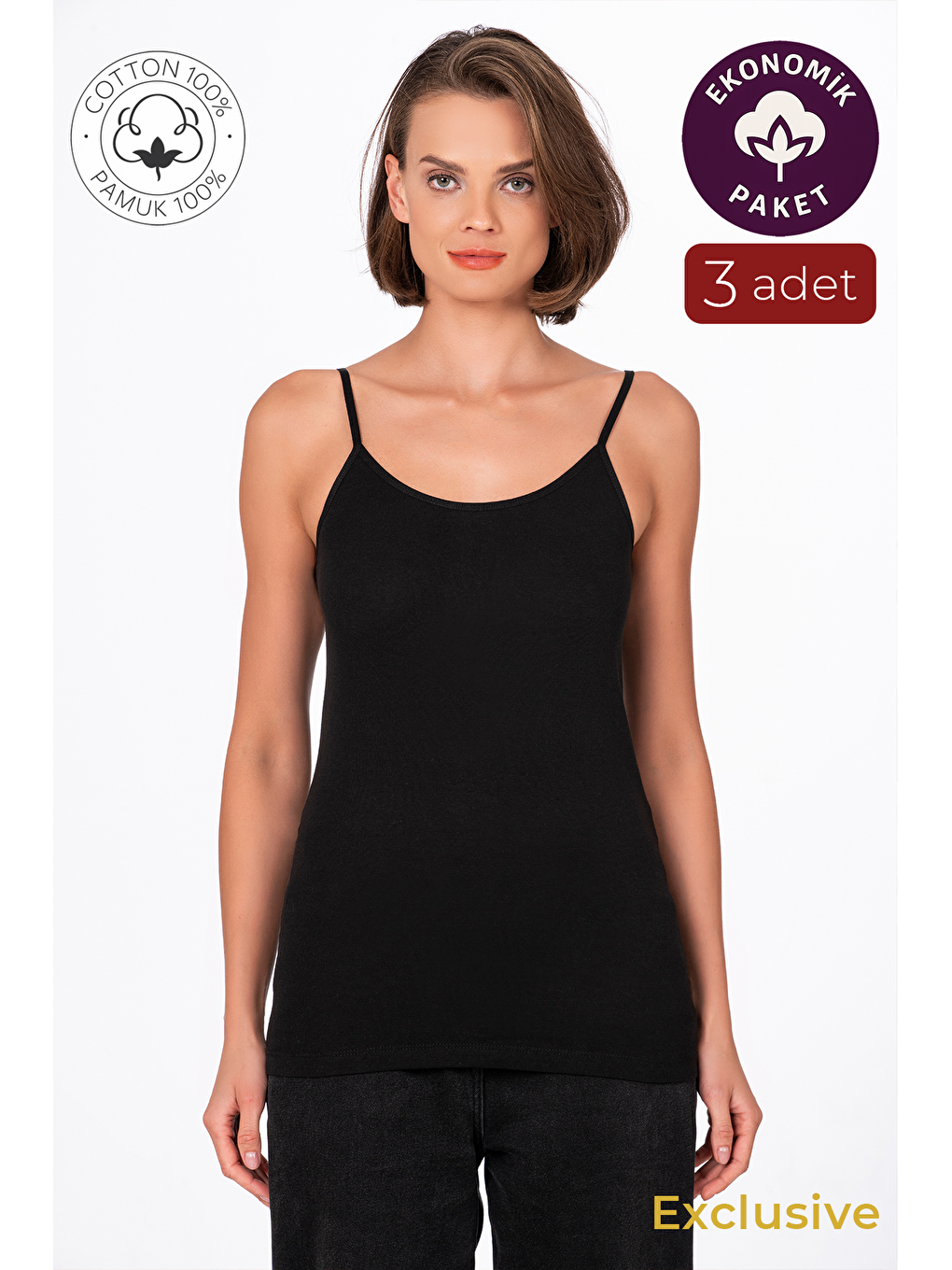 Kadın Pamuklu Ribana İp Askılı Klasik Atlet 3'Lü Paket – Esnek & Rahat | Siyah K0107