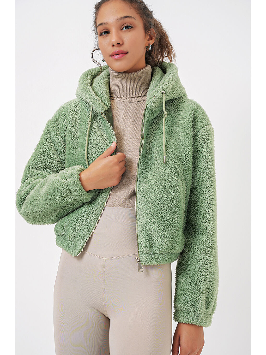 5193 Kapüşonlu Pelüş Crop Ceket   E Yeşil-1