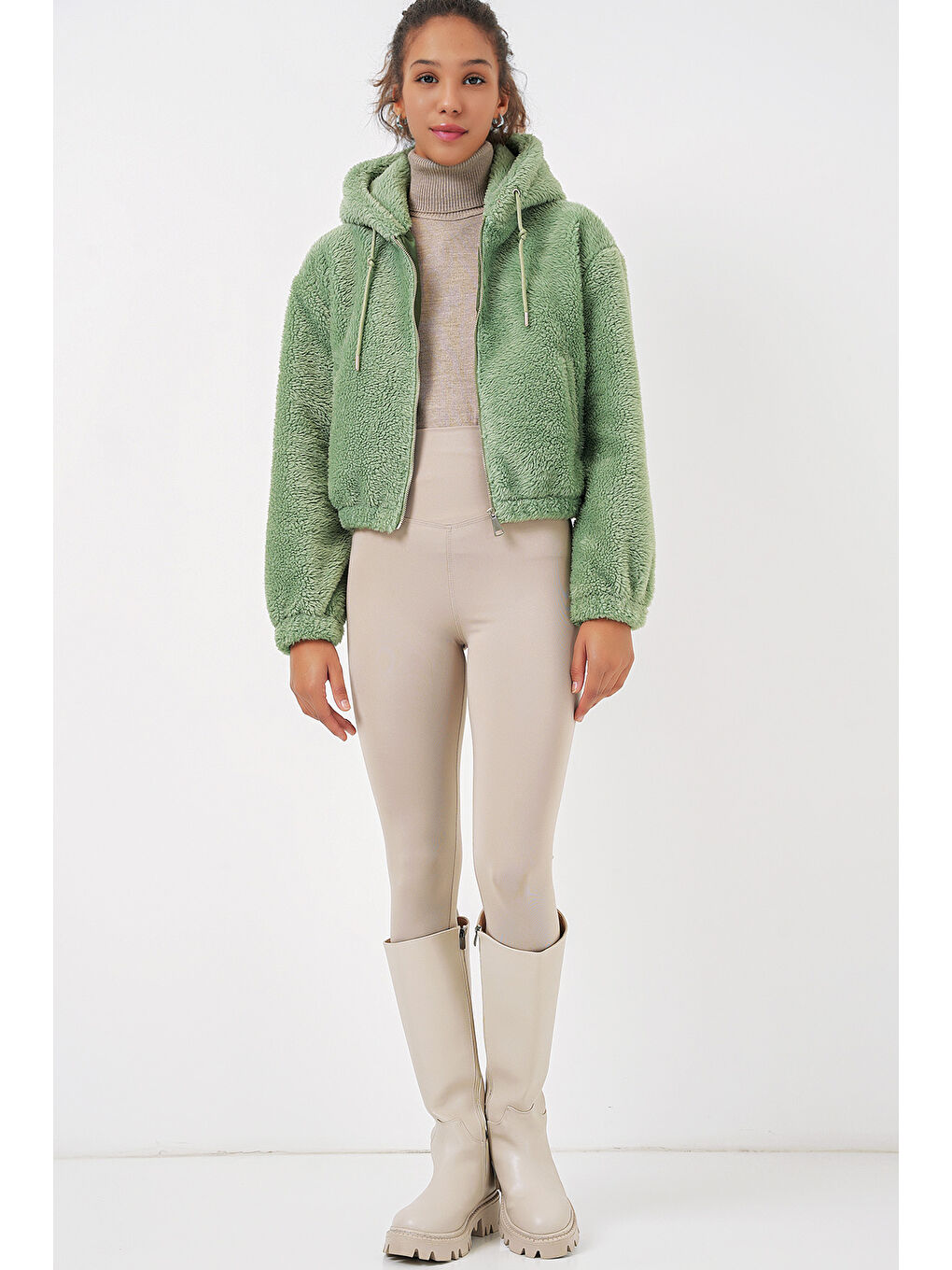 5193 Kapüşonlu Pelüş Crop Ceket   E Yeşil-2