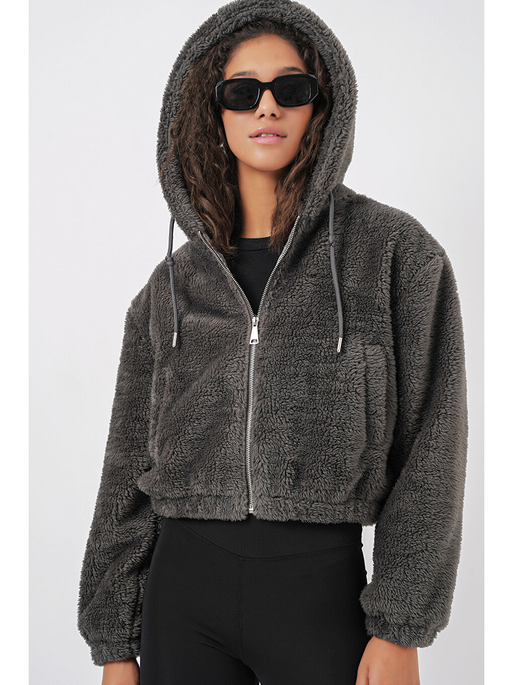 5193 Kapüşonlu Pelüş Crop Ceket   Antrasit