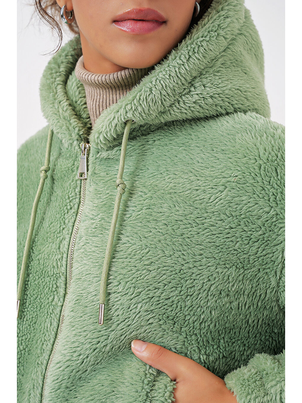 5193 Kapüşonlu Pelüş Crop Ceket   E Yeşil-5