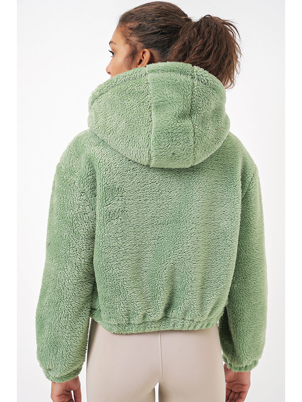 5193 Kapüşonlu Pelüş Crop Ceket   E Yeşil-6
