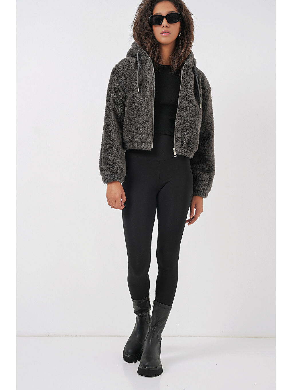 5193 Kapüşonlu Pelüş Crop Ceket   Antrasit-2