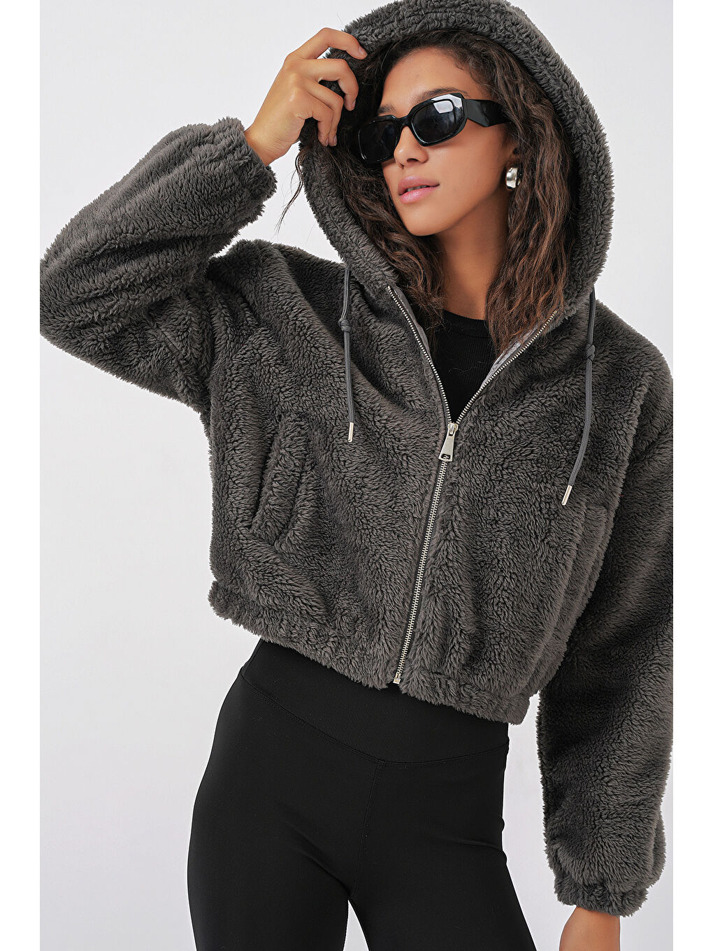 5193 Kapüşonlu Pelüş Crop Ceket   Antrasit-4