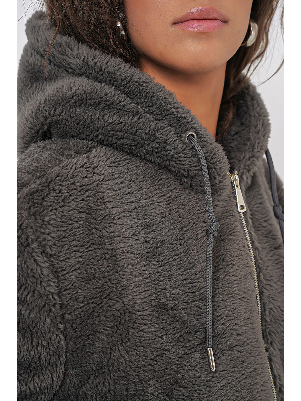 5193 Kapüşonlu Pelüş Crop Ceket   Antrasit-5