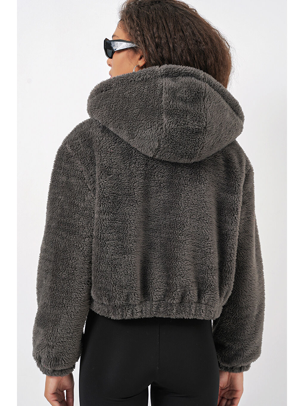 5193 Kapüşonlu Pelüş Crop Ceket   Antrasit-6