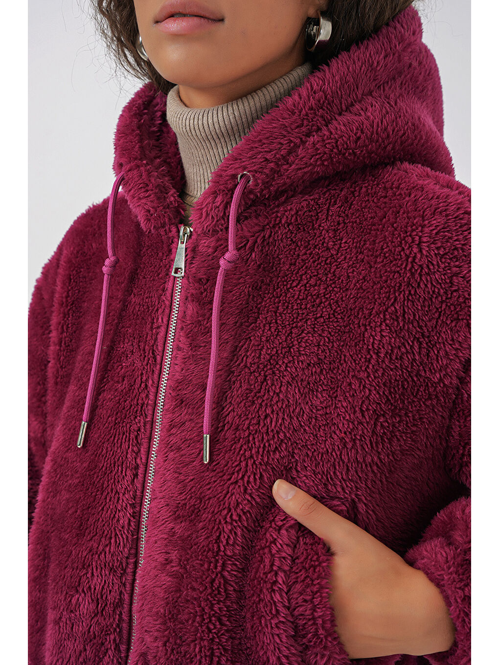 5193 Kapüşonlu Pelüş Crop Ceket   Mürdüm-4