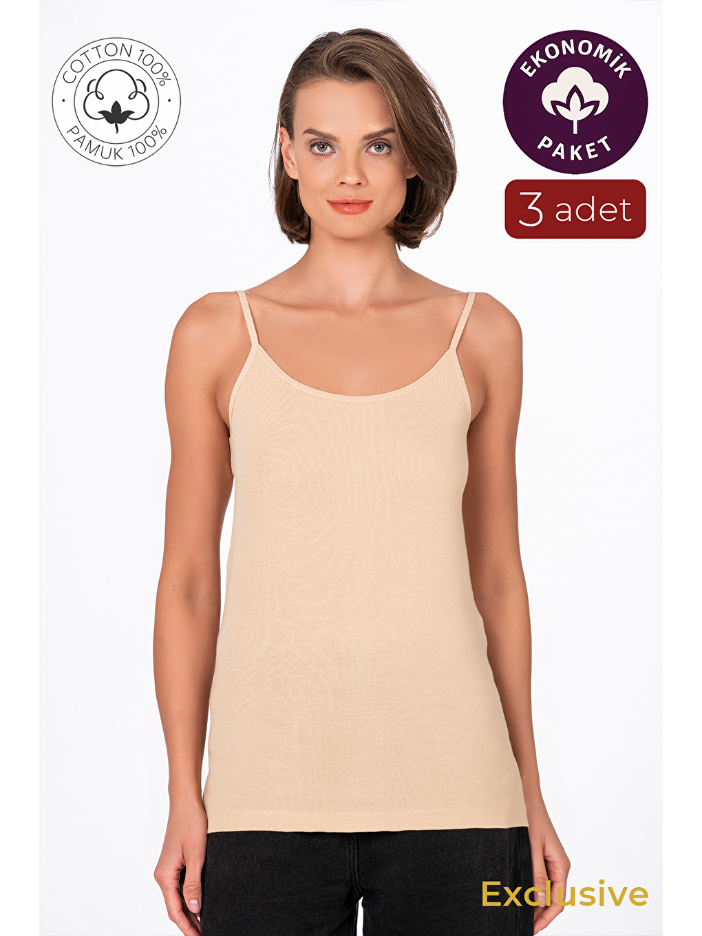 Bej Kadın Pamuklu Ribana İp Askılı Klasik Atlet 3'Lü Paket – Esnek & Rahat | Ten K0107
