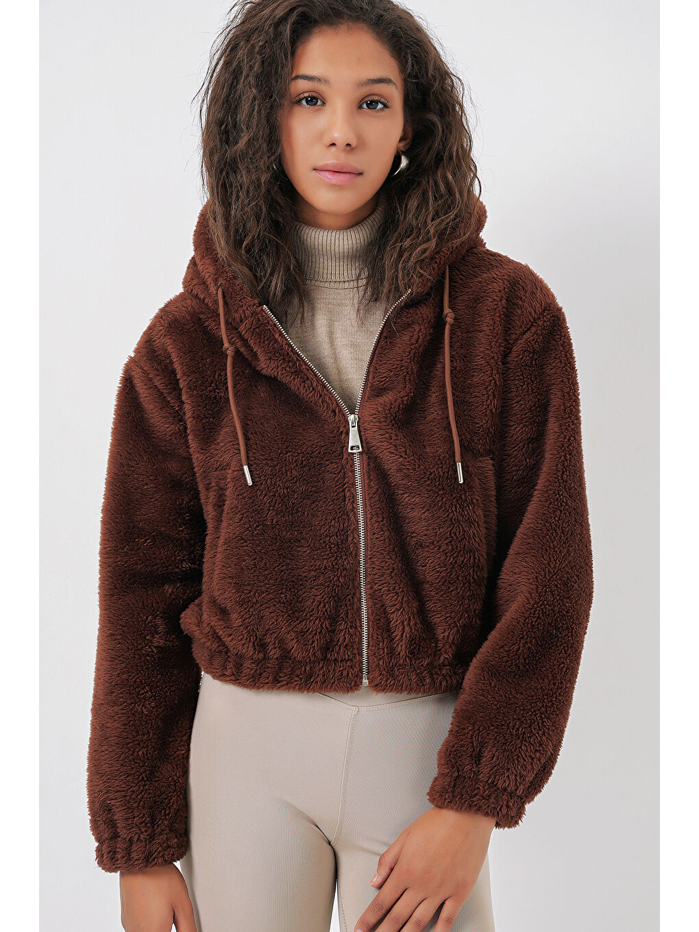 5193 Kapüşonlu Pelüş Crop Ceket   Kahverengi-4