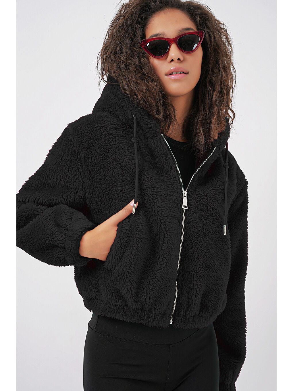 5193 Kapüşonlu Pelüş Crop Ceket   Siyah