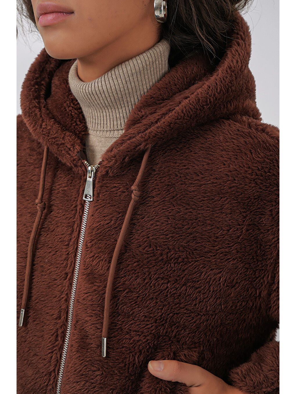 5193 Kapüşonlu Pelüş Crop Ceket   Kahverengi-6