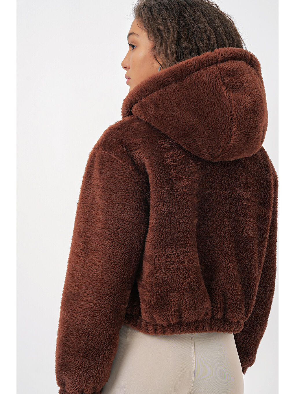 5193 Kapüşonlu Pelüş Crop Ceket   Kahverengi-7