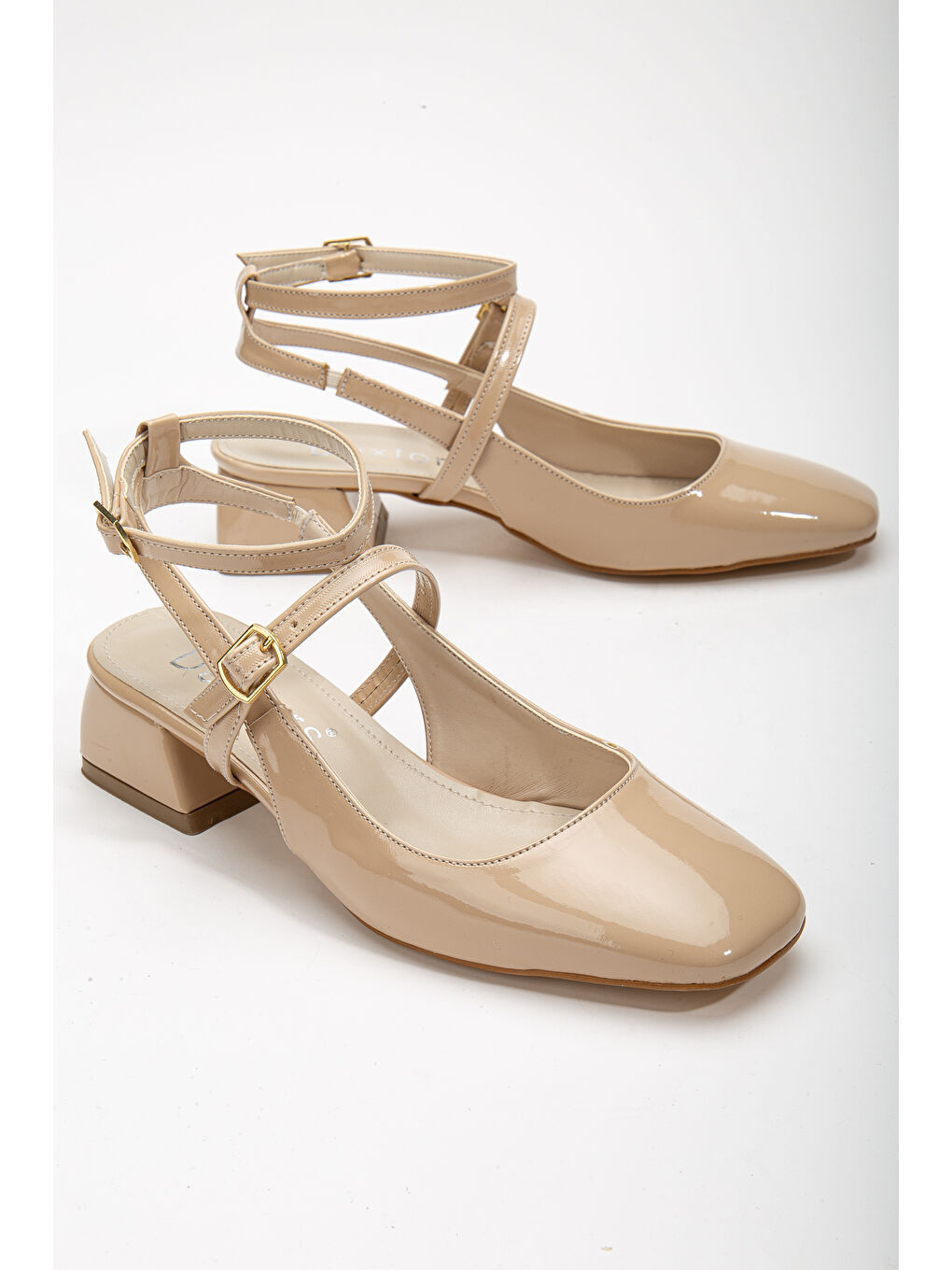 Bej D0351 Kadın Arkası Açık Kare Burunlu Baretli Düşük Klasik Topuklu Ayakkabı-7