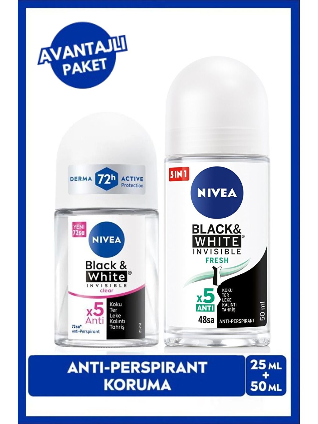 Kadın Roll-on Deodorant Black&White Invisible Fresh 50ml ve Mini Roll-on 25ml, Anti-perspirant