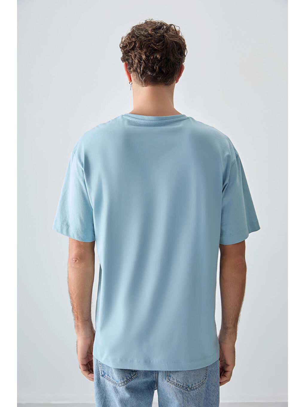 Açık Mavi %100 Pamuk Kalın Yumuşak Dokulu Oversize Fit Baskılı Erkek Tişört - 88355-4