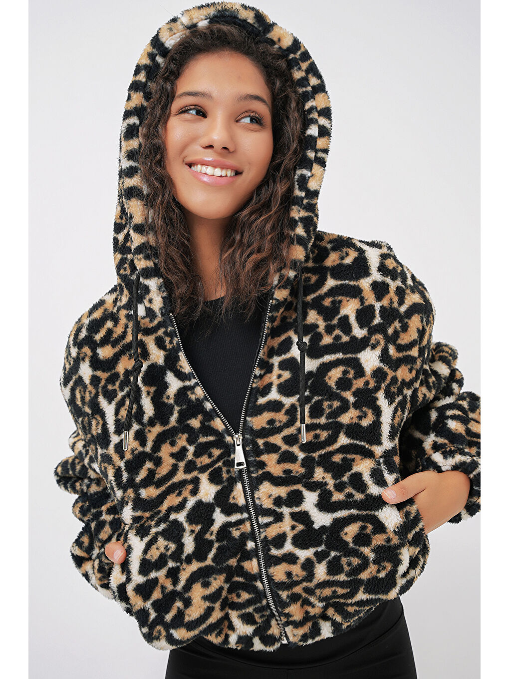 Kahverengi 5193 Kapüşonlu Pelüş Crop Ceket   D Kahve-2