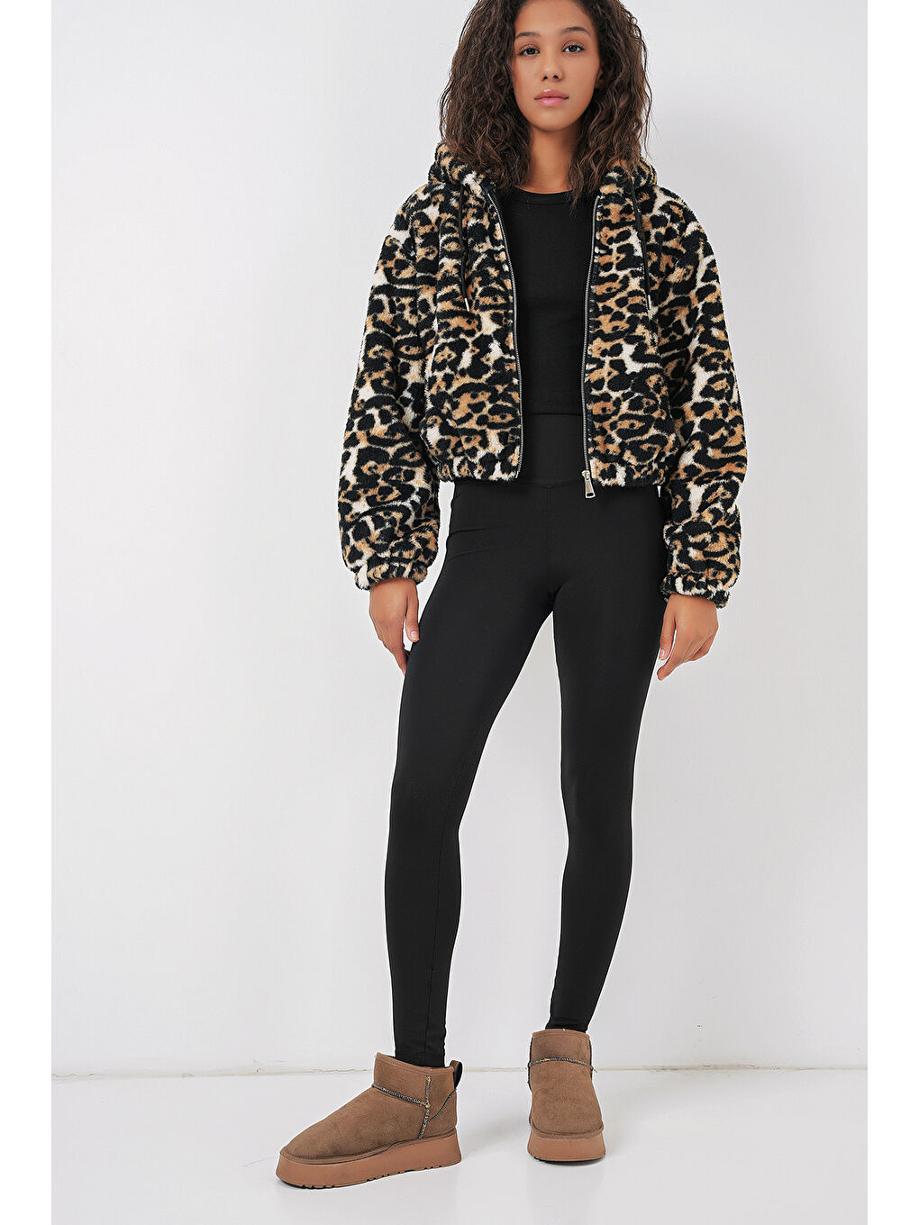 Kahverengi 5193 Kapüşonlu Pelüş Crop Ceket   D Kahve-3