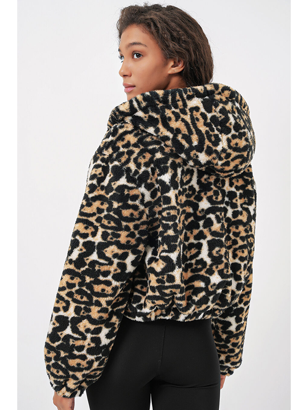 Kahverengi 5193 Kapüşonlu Pelüş Crop Ceket   D Kahve-5