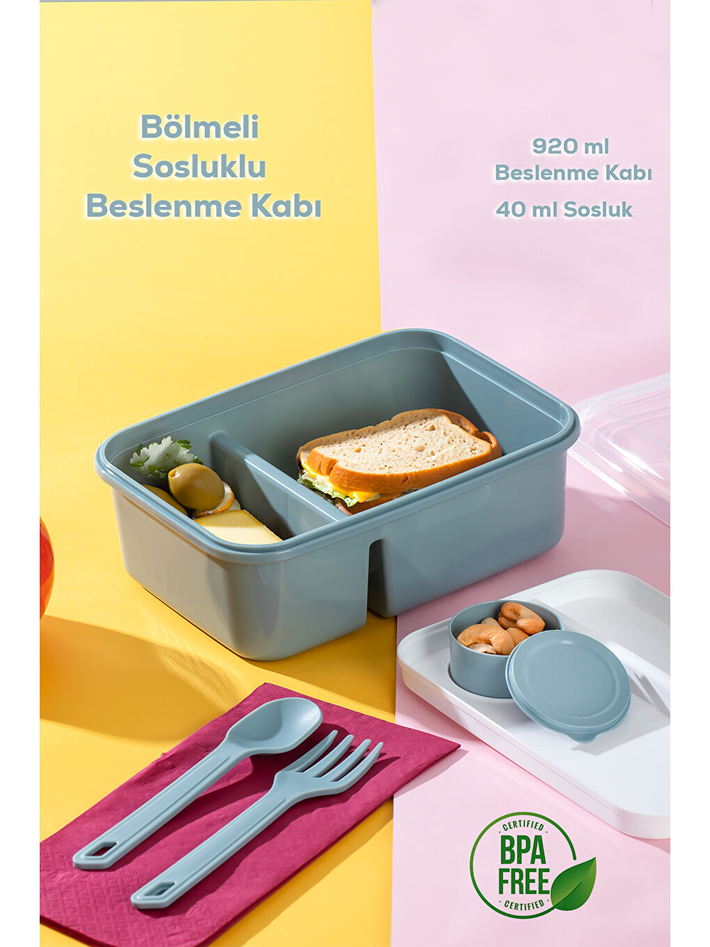 1183 Kendinden Kaşık Çatallı Sosluklu Bölmeli Beslenme Kabı - Taşınabilir Lunch Box Mavi-2
