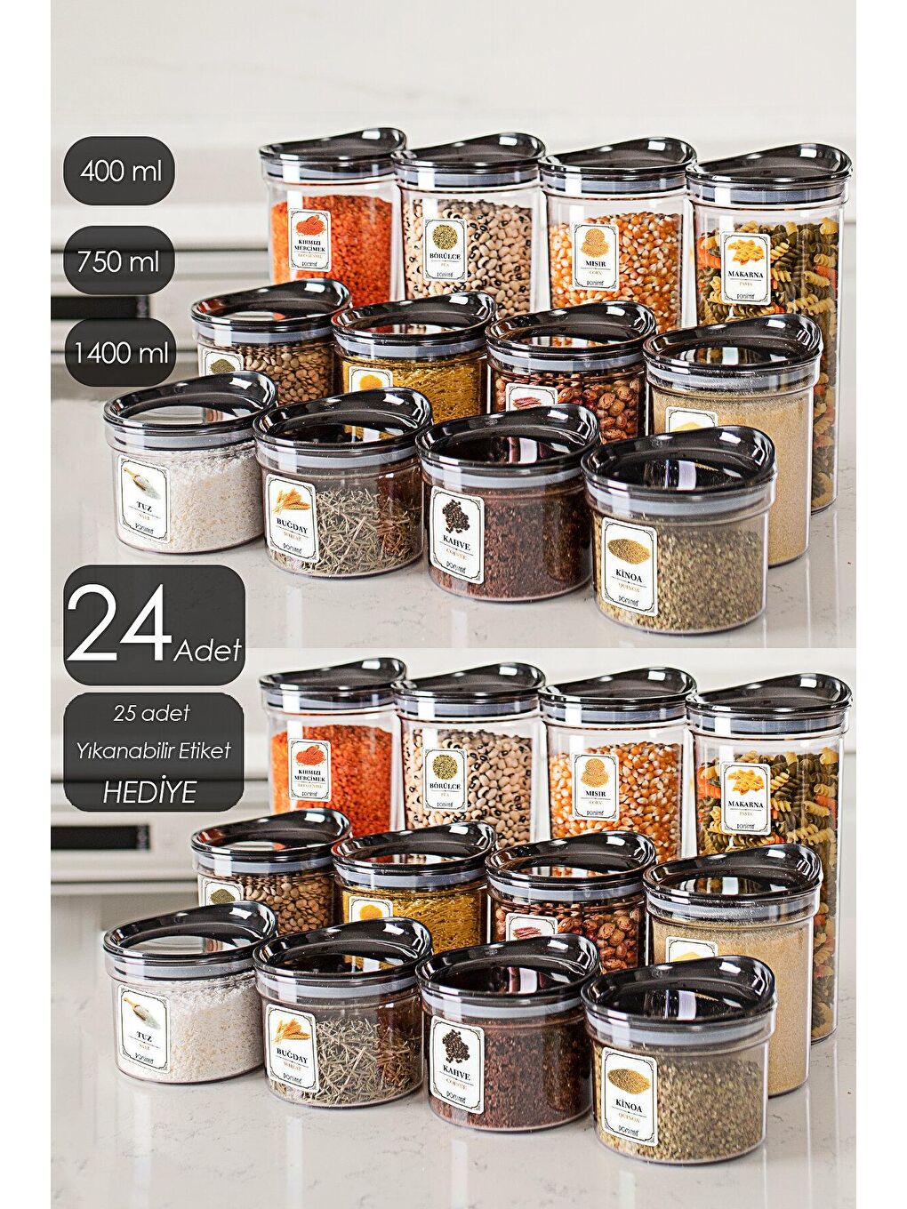 Renksiz Compact 24 lü Saklama Kabı Etiketli Vakum Kapaklı Bakliyat Erzak Saklama Kabı Seti