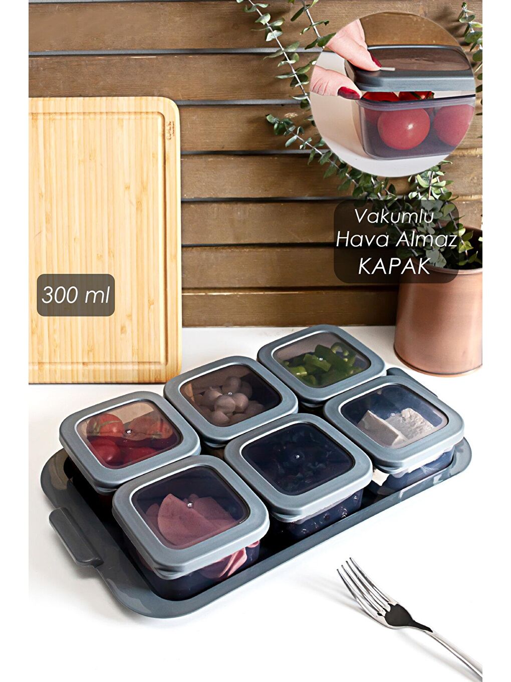 Tepsili 6lı Kahvaltılık Saklama Kabı Silikon Kapaklı Saklama Kabı Kapaklı Kahvaltılık Antrasit-1