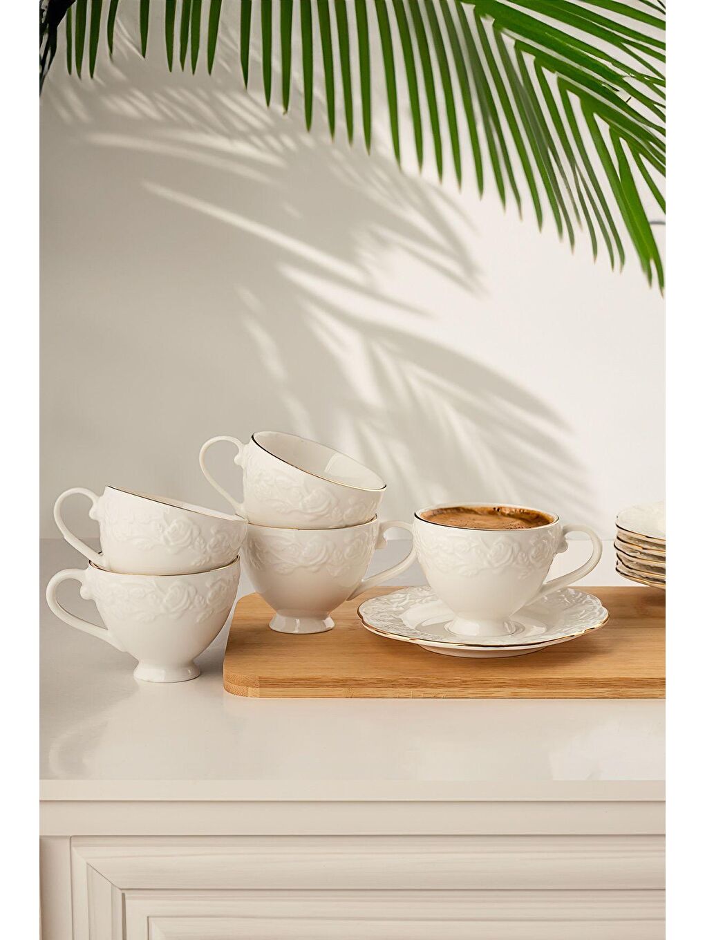 Beyaz Thn18902 Rose 6 Kişilik 12 Parça - Yaldızlı Porselen Türk Kahvesi Fincan Takım