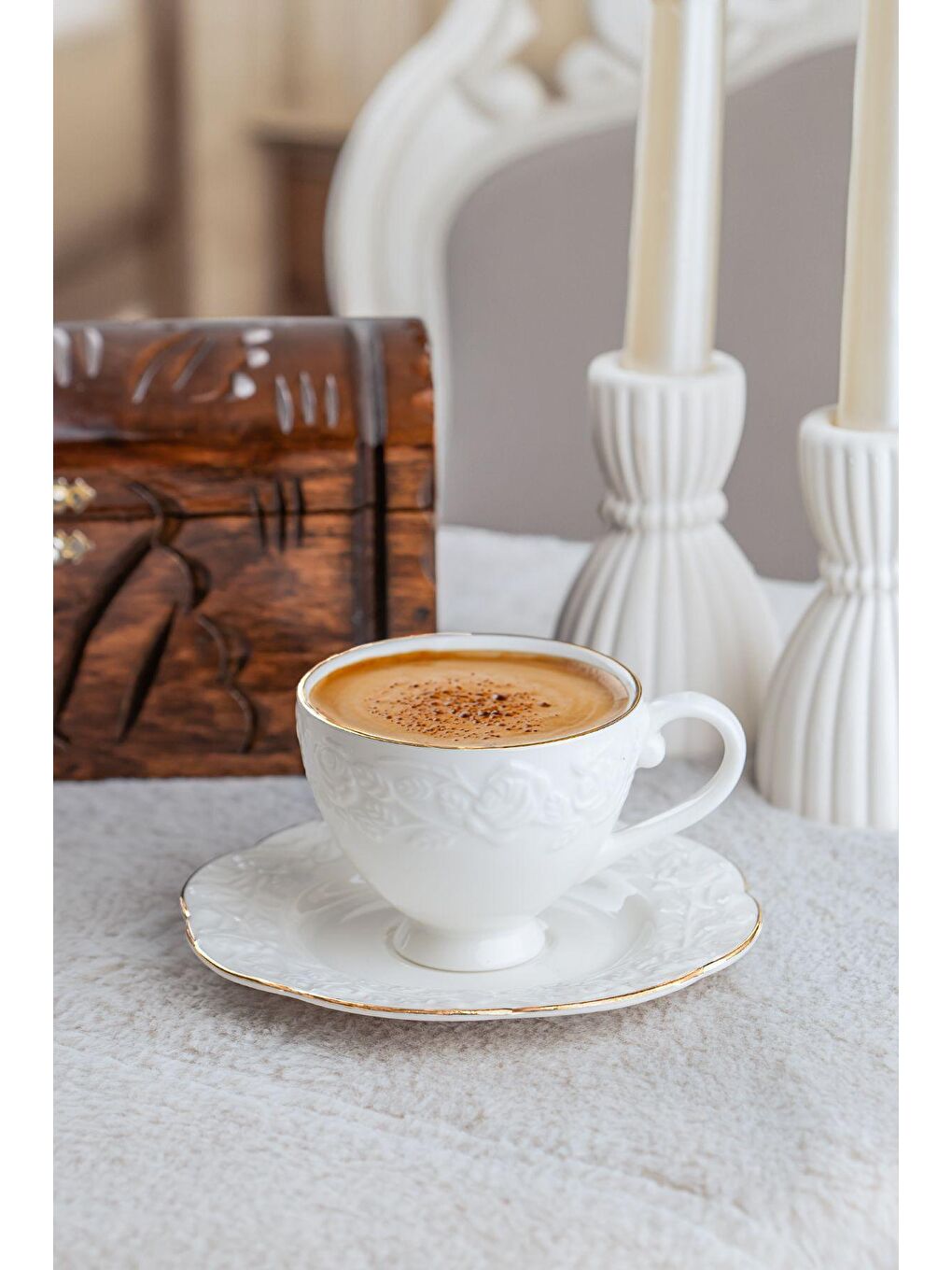 Beyaz Thn18902 Rose 6 Kişilik 12 Parça - Yaldızlı Porselen Türk Kahvesi Fincan Takım-1