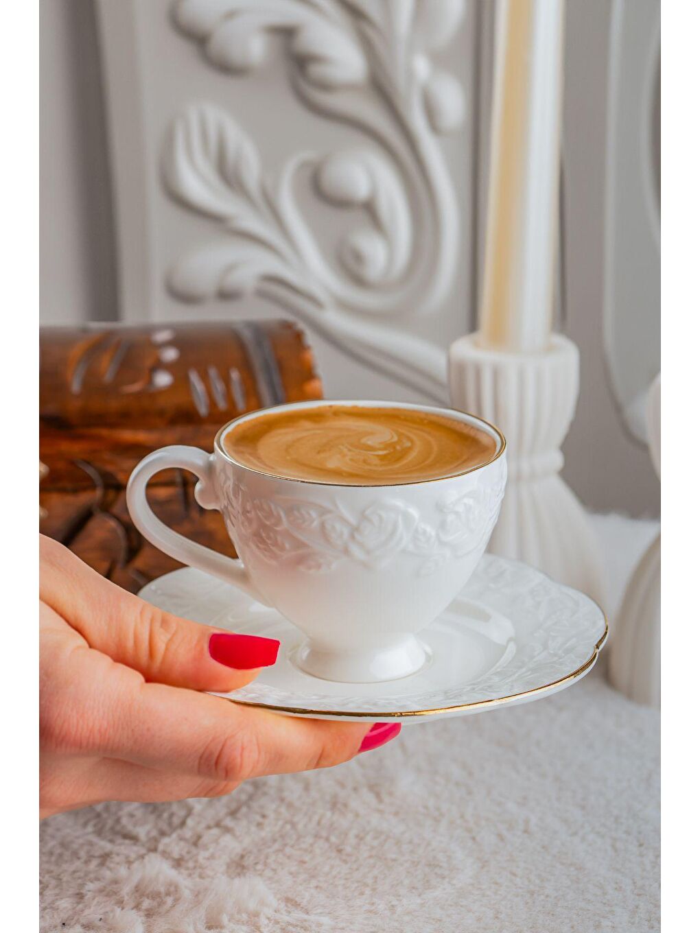 Beyaz Thn18902 Rose 6 Kişilik 12 Parça - Yaldızlı Porselen Türk Kahvesi Fincan Takım-2