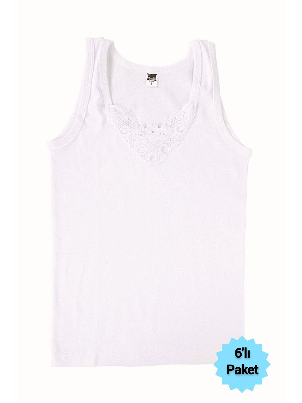 6'lı Kadın Beyaz %100 Pamuk Güpürlü Ribana Kalın AskılıAtlet