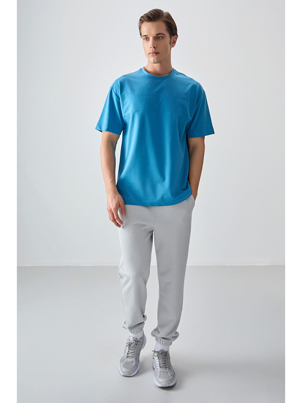 Petrol Mavi Pamuklu Kalın Yumuşak Dokulu Oversize Fit Basic Erkek Tişört - 88378-1