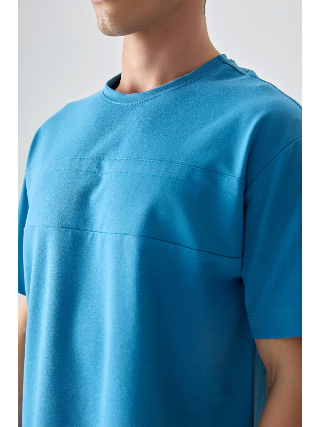 Petrol Mavi Pamuklu Kalın Yumuşak Dokulu Oversize Fit Basic Erkek Tişört - 88378-2