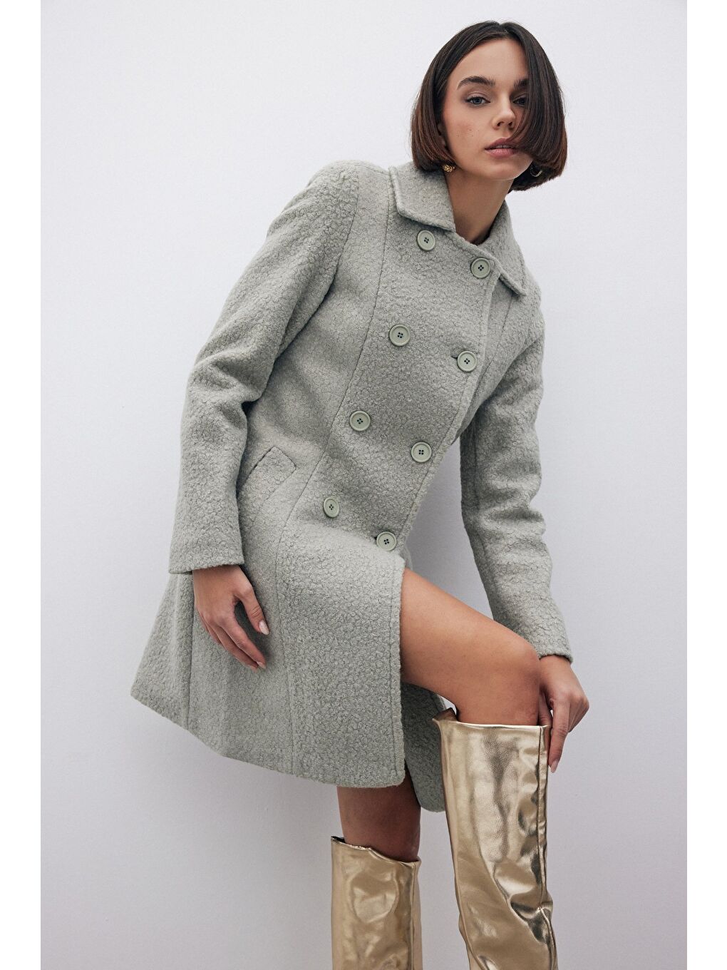 Yeşil Düğme Detaylı Kaban - Mint-5