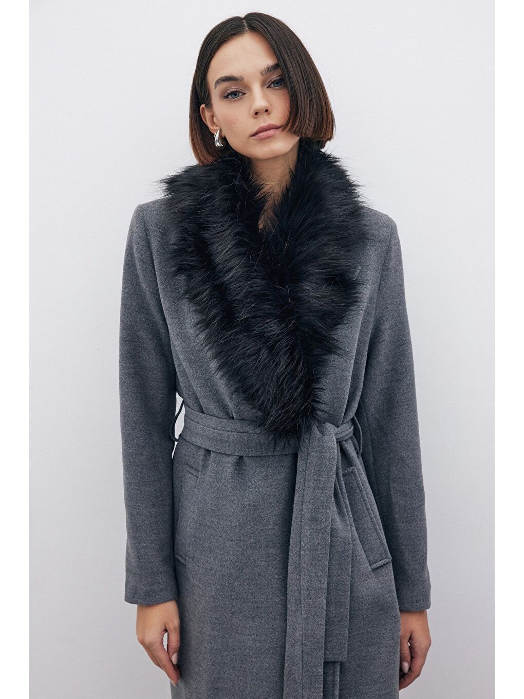 Kürklü Kaşe Kaban - Gri-1