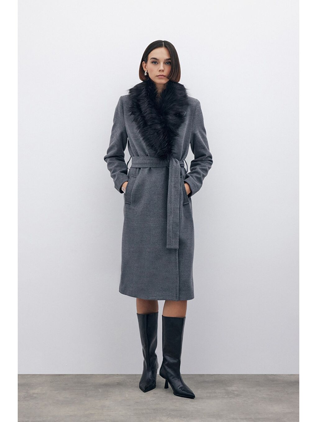 Kürklü Kaşe Kaban - Gri-2