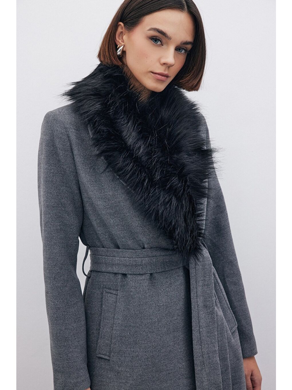 Kürklü Kaşe Kaban - Gri-5