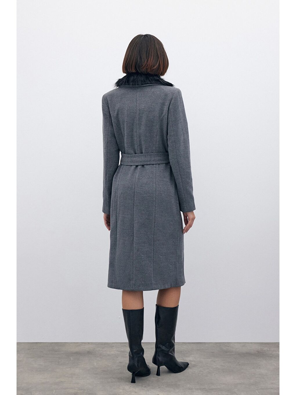 Kürklü Kaşe Kaban - Gri-6